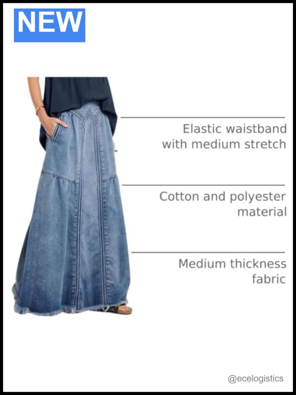 Retro High Waist Frayed A-Line Maxi Denim Skirt with Pockets - Picture 3 of 6